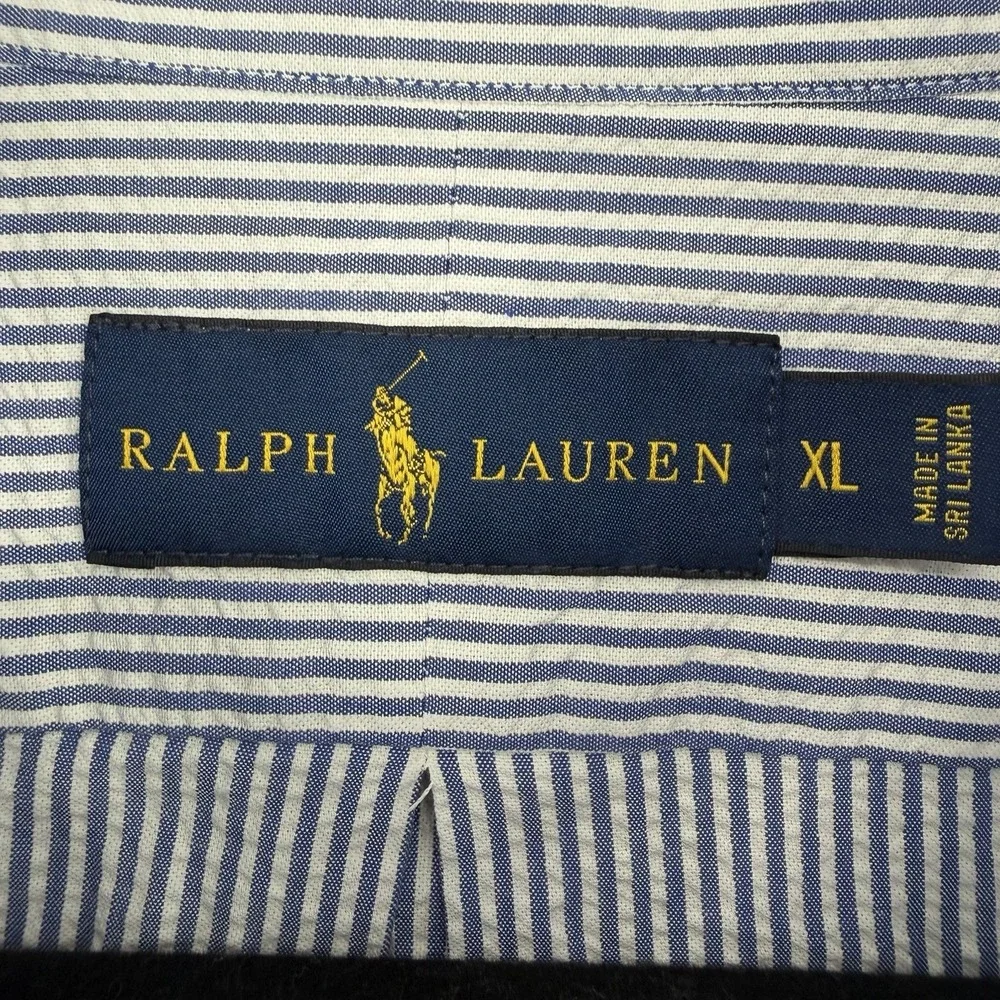 Ralph Lauren mens XL striped seersucker short sleeve button shirt pink pony prep